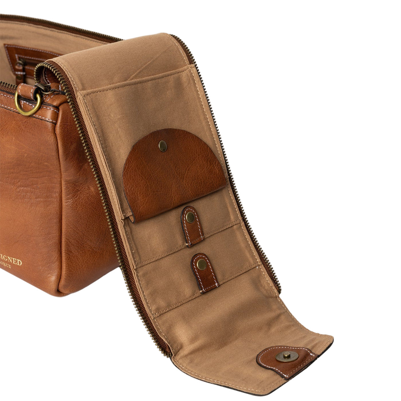 Brown leather bag with a zipper on a white background